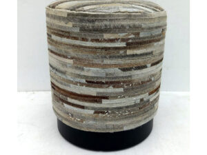 Modern Grey Leather Round Pouf