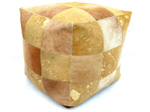 Gold & Beige Leather Cube Pouf