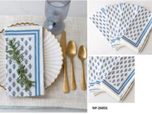 blue floral printed cotton table napkin with striped border