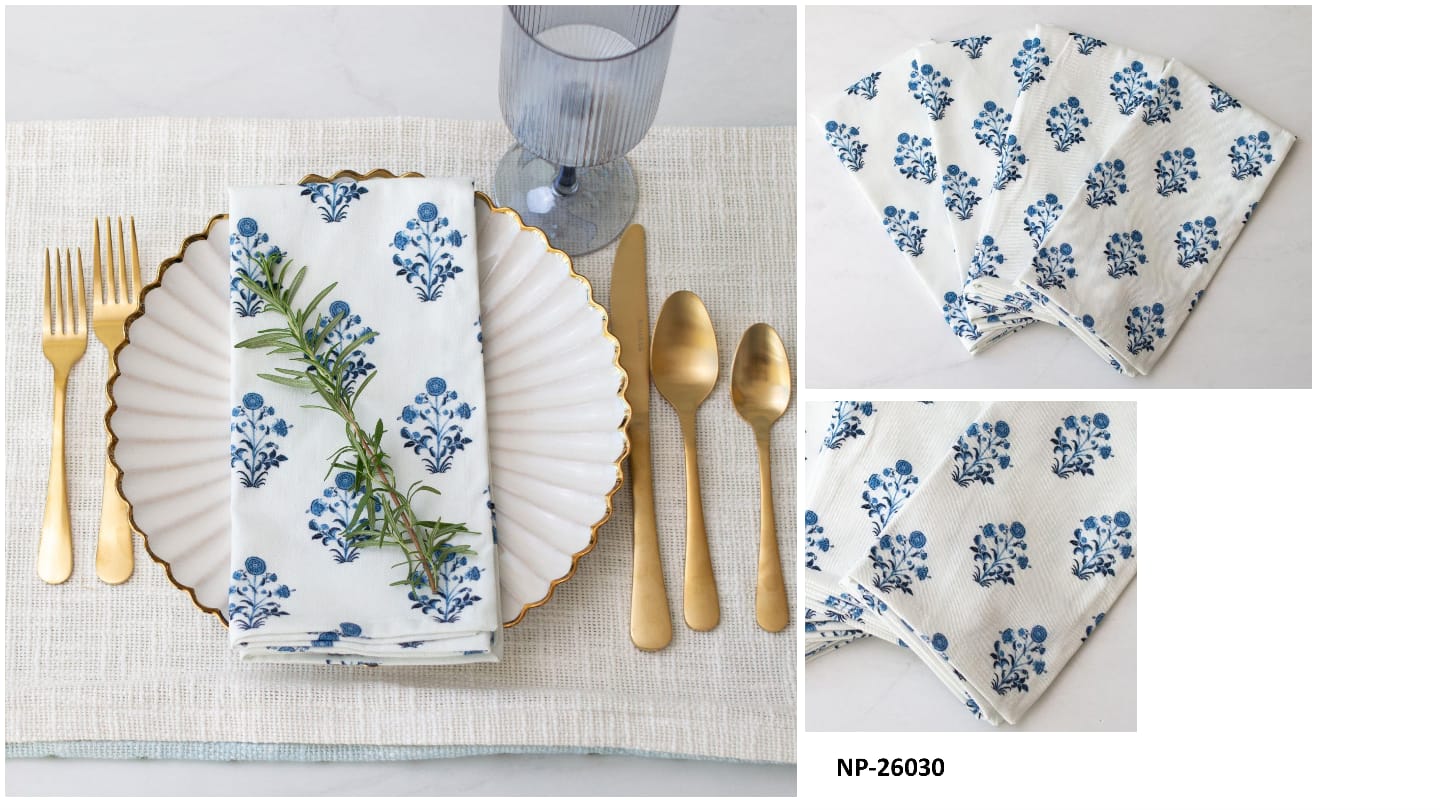 Blue floral printed cotton table napkin