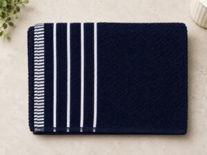 Navy Blue Cotton Bath Towel with White Stripes