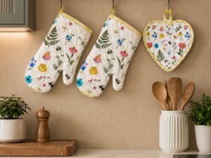 Premium Floral Oven Mitt & Heart Pot Holder