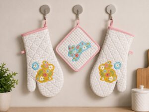 Floral Bunny Print Oven Mitt & Pot Holder Set