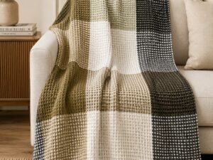 Olive Cream Checkered Waffle Knit Throw Blanket