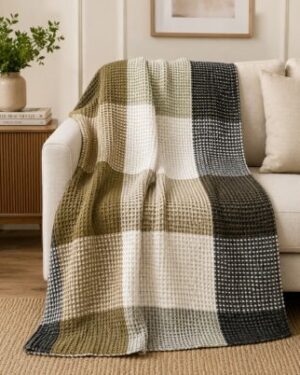 Olive Cream Checkered Waffle Knit Throw Blanket